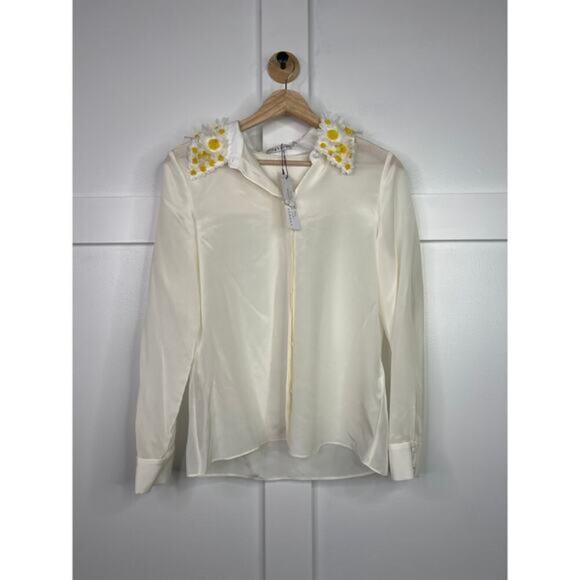 NWT Alice + Olivia Willa Silk Daisy Embellished Blouse Ecru Multi Size: Medium - Picture 3 of 11